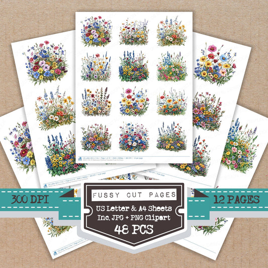 Watercolour Wildflower Flowerbed fussy cut printable sheets for junk journaling, scrapbooking, and paper craft projects
