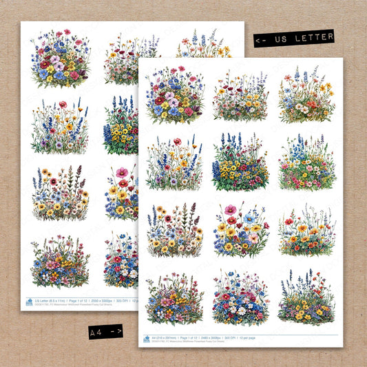 A4 and US Letter format comparison showing Watercolour Wildflower Flowerbed fussy cut pages for print and cut crafting