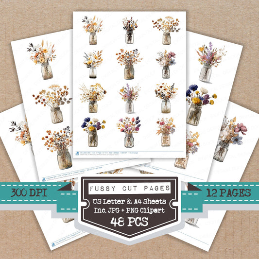 Watercolour Wildflower Glass Jar fussy cut printable sheets for junk journaling, scrapbooking, and paper craft projects