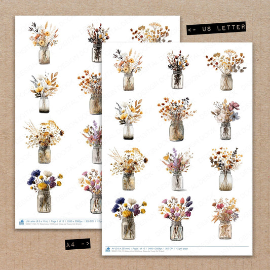 A4 and US Letter format comparison showing Watercolour Wildflower Glass Jar fussy cut pages for print and cut crafting