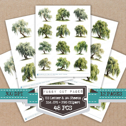 Watercolour Willow Tree fussy cut printable sheets for junk journaling, scrapbooking, and paper craft projects