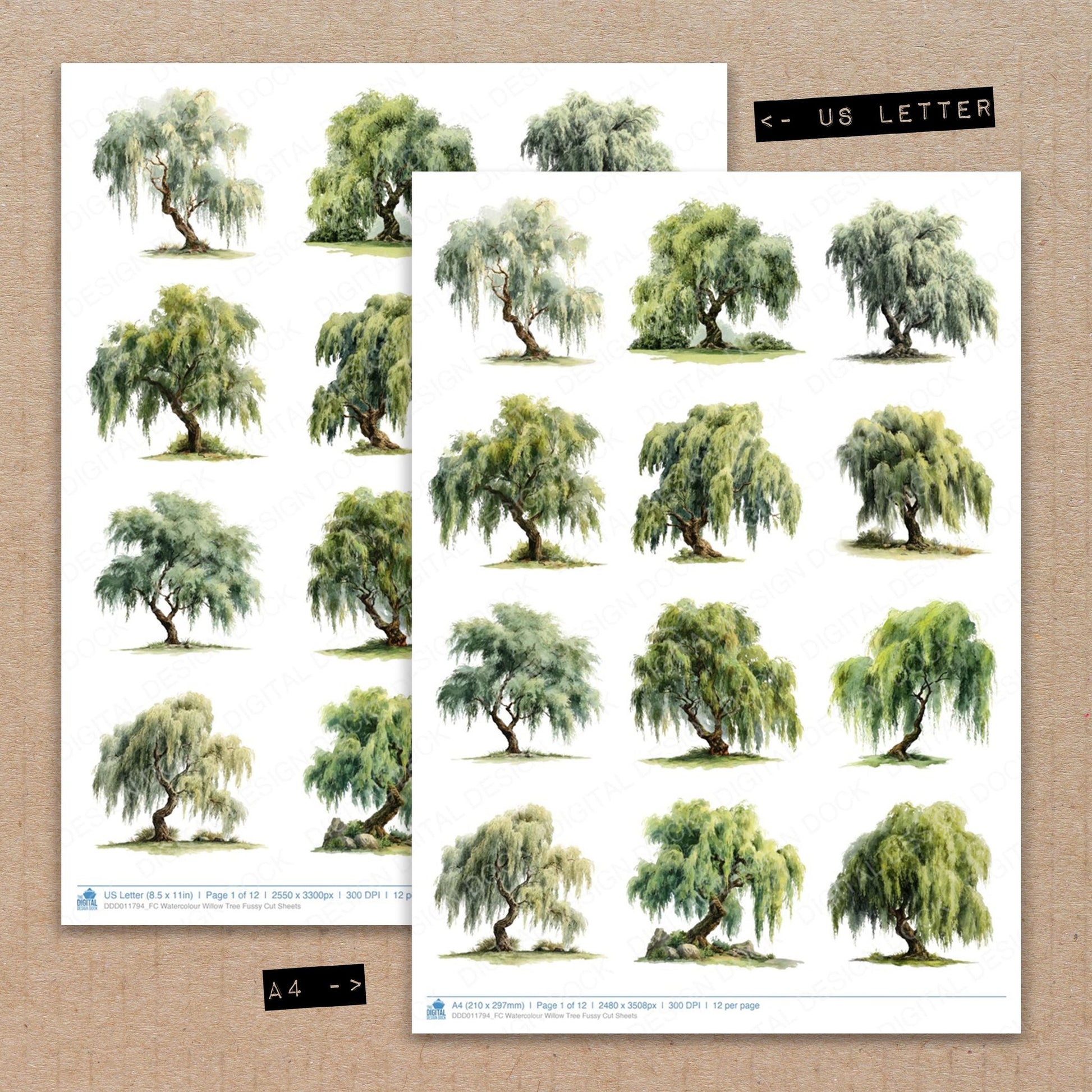 A4 and US Letter format comparison showing Watercolour Willow Tree fussy cut pages for print and cut crafting