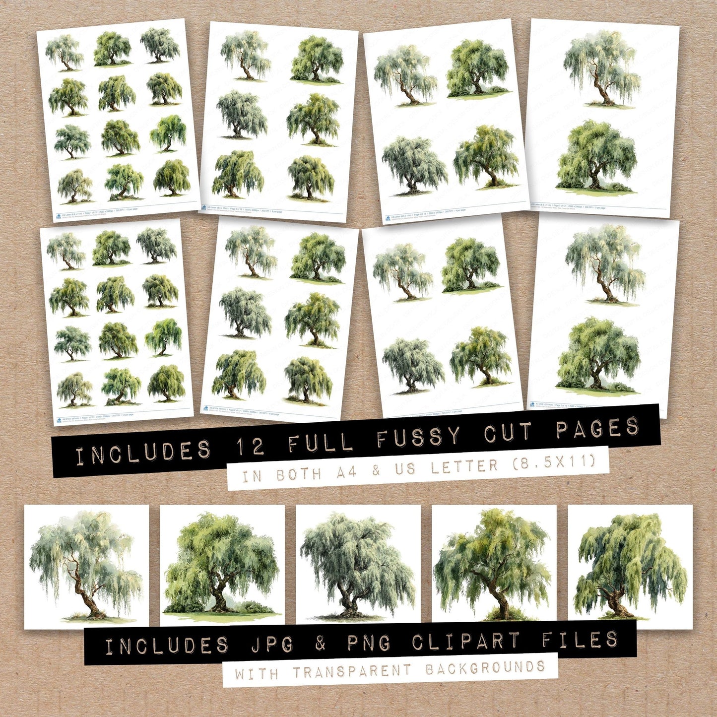 Full collection view of Watercolour Willow Tree fussy cut sheets with bonus clipart JPG and PNG files