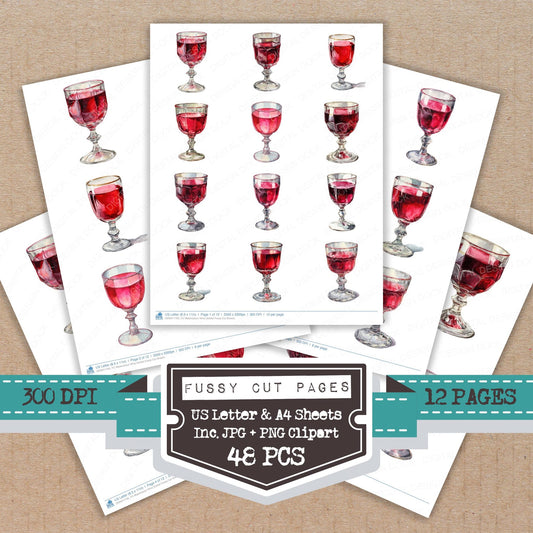 Watercolour Wine Goblet fussy cut printable sheets for junk journaling, scrapbooking, and paper craft projects