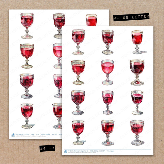 A4 and US Letter format comparison showing Watercolour Wine Goblet fussy cut pages for print and cut crafting