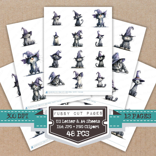 Watercolour Witch Cat fussy cut printable sheets for junk journaling, scrapbooking, and paper craft projects