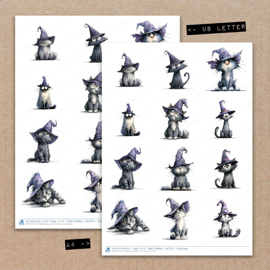 A4 and US Letter format comparison showing Watercolour Witch Cat fussy cut pages for print and cut crafting