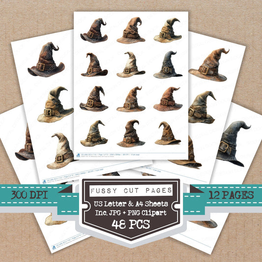 Watercolour Witch Hat fussy cut printable sheets for junk journaling, scrapbooking, and paper craft projects