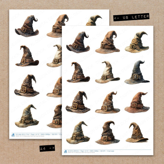 A4 and US Letter format comparison showing Watercolour Witch Hat fussy cut pages for print and cut crafting