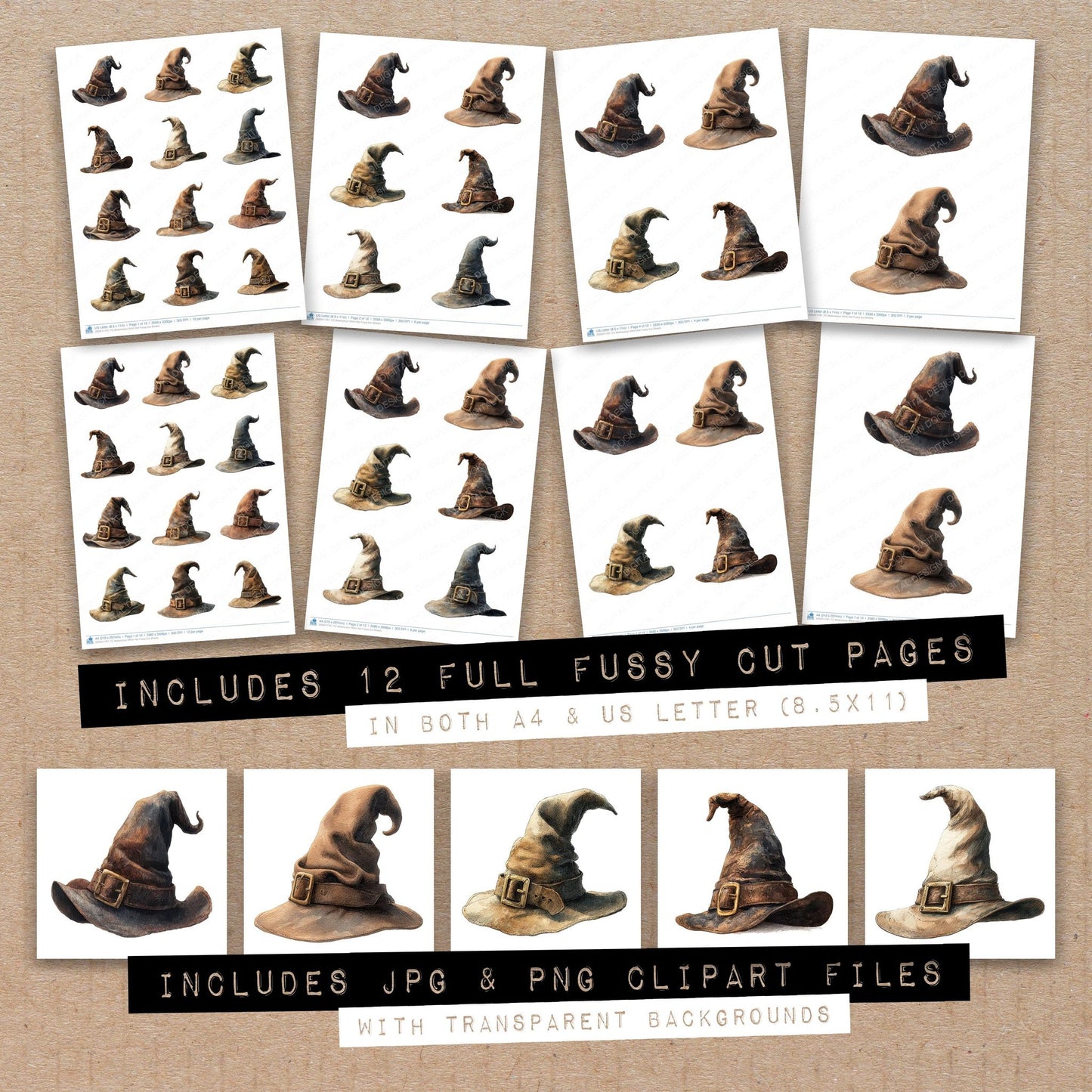 Full collection view of Watercolour Witch Hat fussy cut sheets with bonus clipart JPG and PNG files