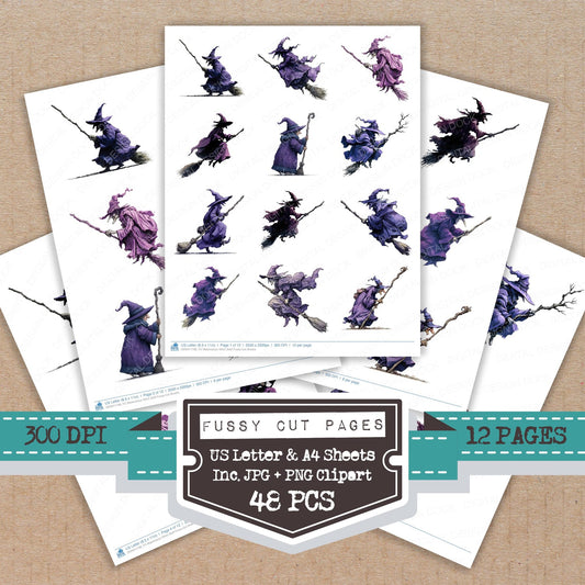 Watercolour Witch Staff fussy cut printable sheets for junk journaling, scrapbooking, and paper craft projects