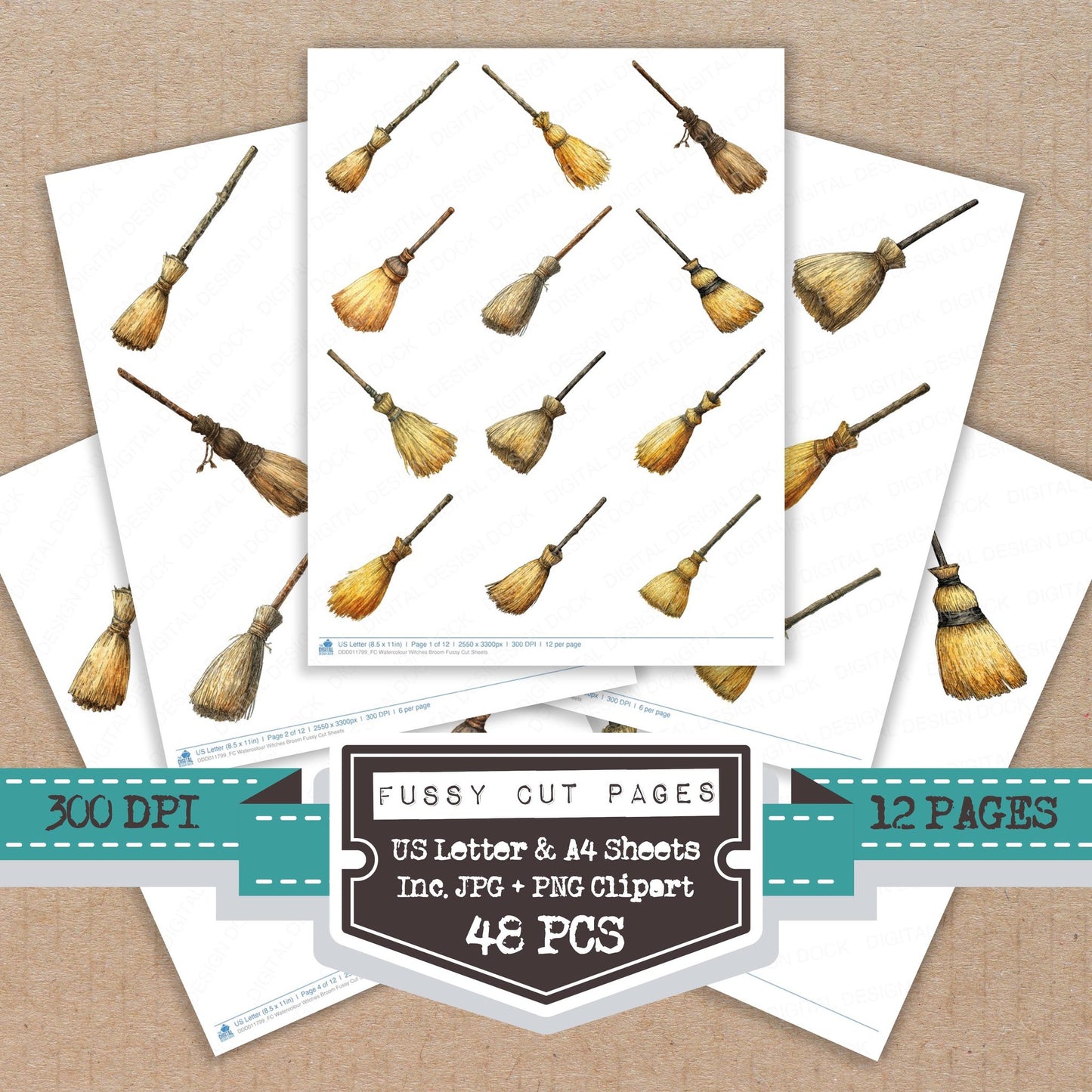 Watercolour Witches Broom fussy cut printable sheets for junk journaling, scrapbooking, and paper craft projects