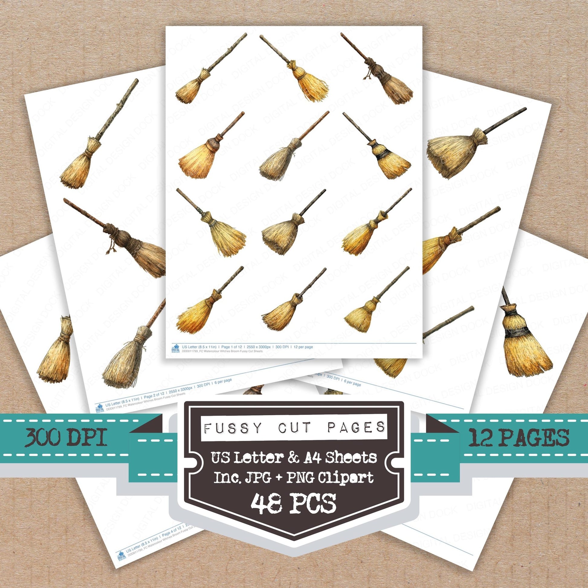 Watercolour Witches Broom fussy cut printable sheets for junk journaling, scrapbooking, and paper craft projects