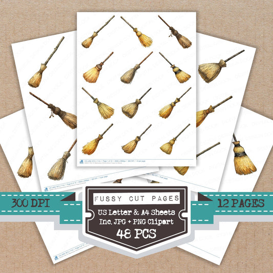 Watercolour Witches Broom fussy cut printable sheets for junk journaling, scrapbooking, and paper craft projects