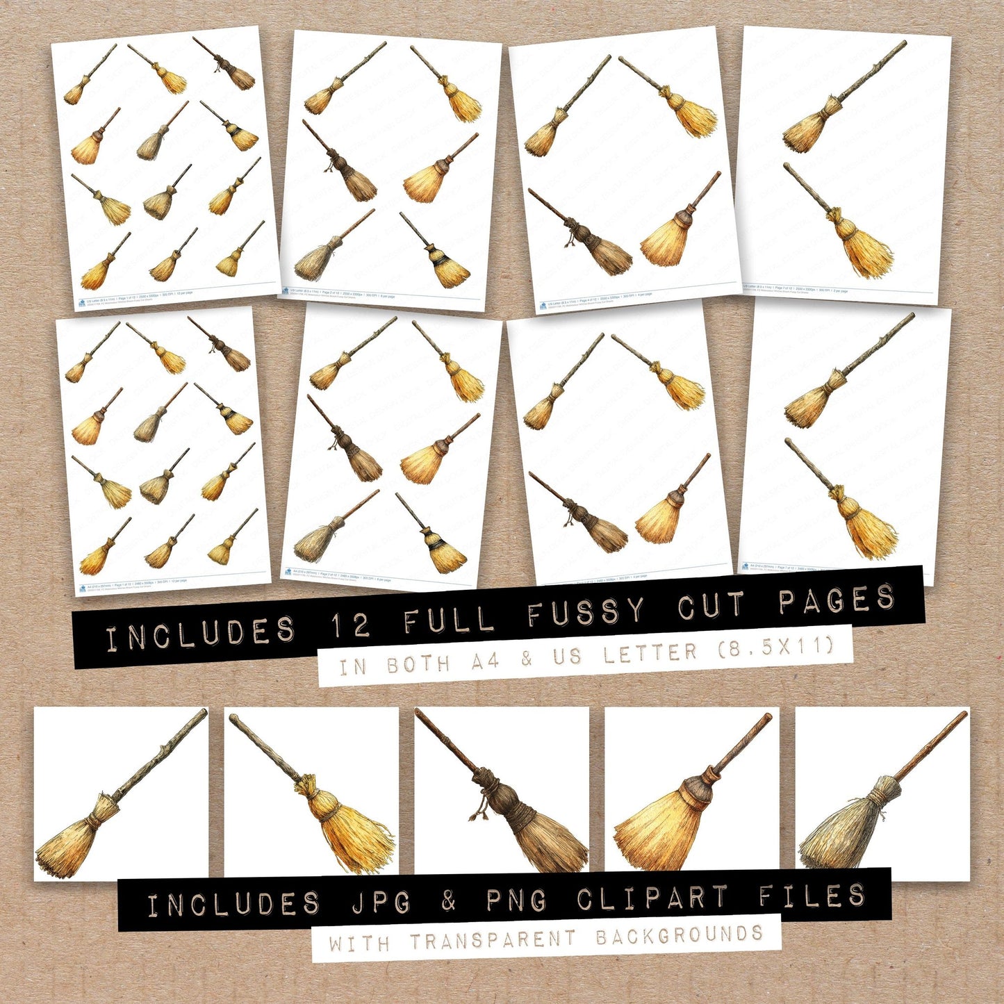 Full collection view of Watercolour Witches Broom fussy cut sheets with bonus clipart JPG and PNG files