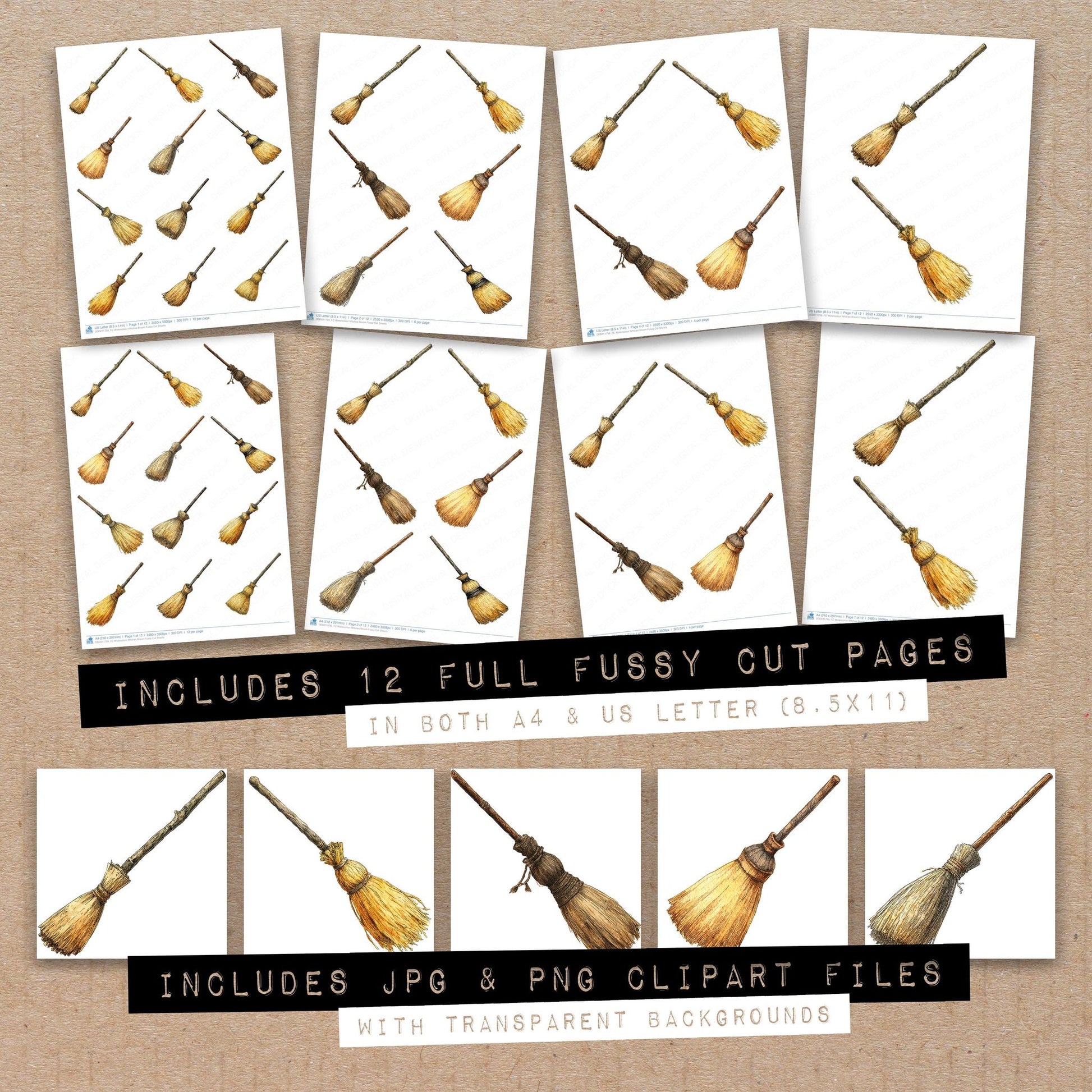 Full collection view of Watercolour Witches Broom fussy cut sheets with bonus clipart JPG and PNG files