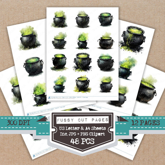 Watercolour Witches Cauldron fussy cut printable sheets for junk journaling, scrapbooking, and paper craft projects