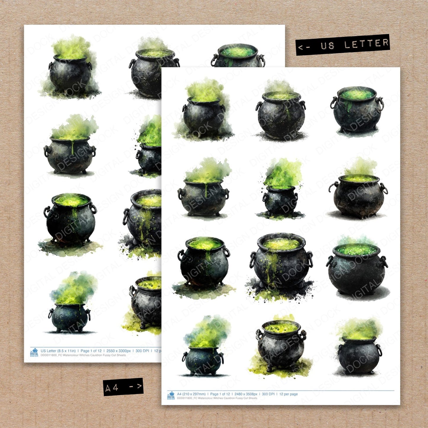 A4 and US Letter format comparison showing Watercolour Witches Cauldron fussy cut pages for print and cut crafting
