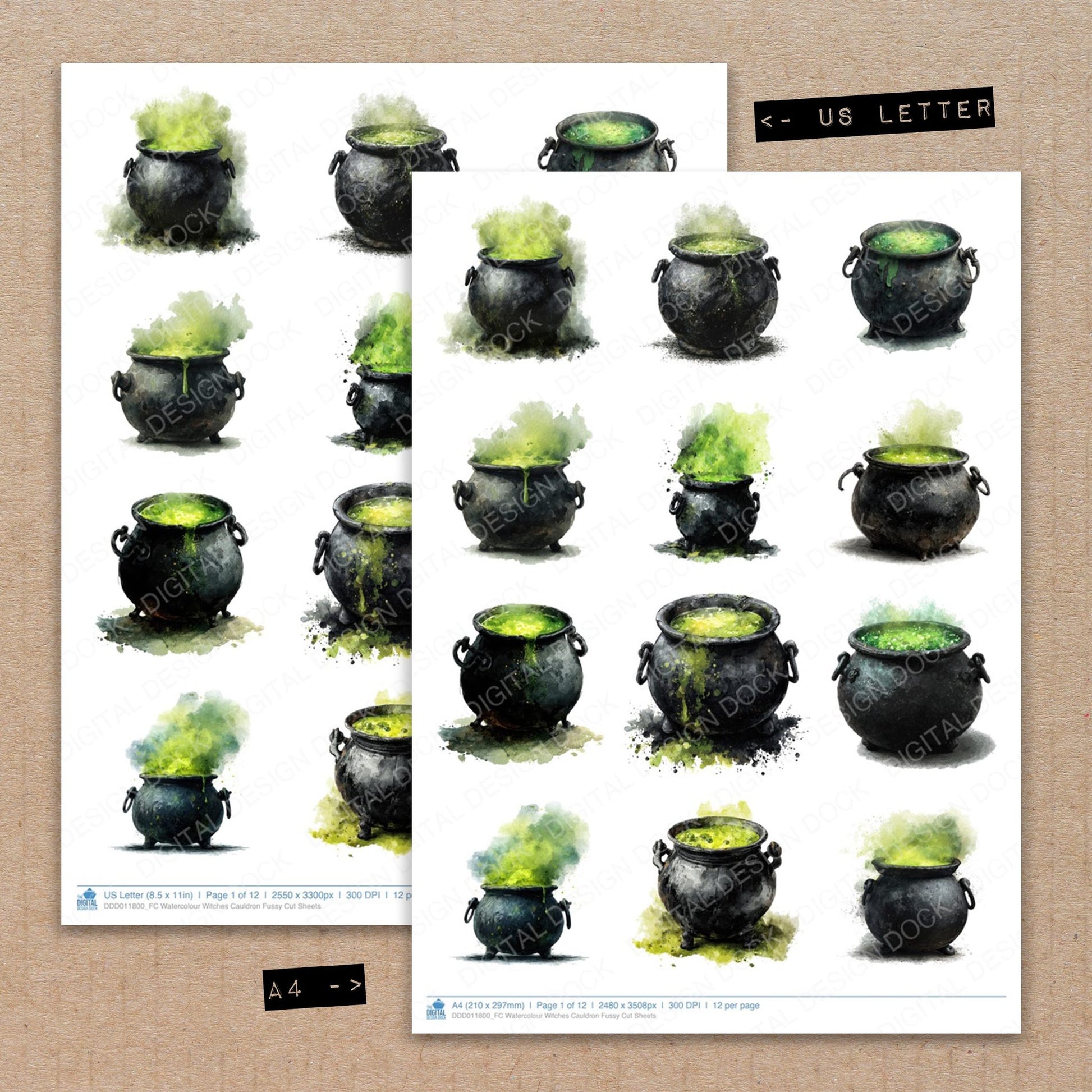 A4 and US Letter format comparison showing Watercolour Witches Cauldron fussy cut pages for print and cut crafting