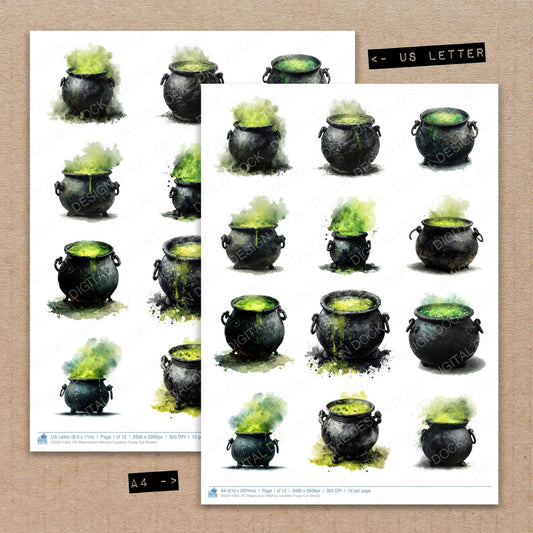 A4 and US Letter format comparison showing Watercolour Witches Cauldron fussy cut pages for print and cut crafting