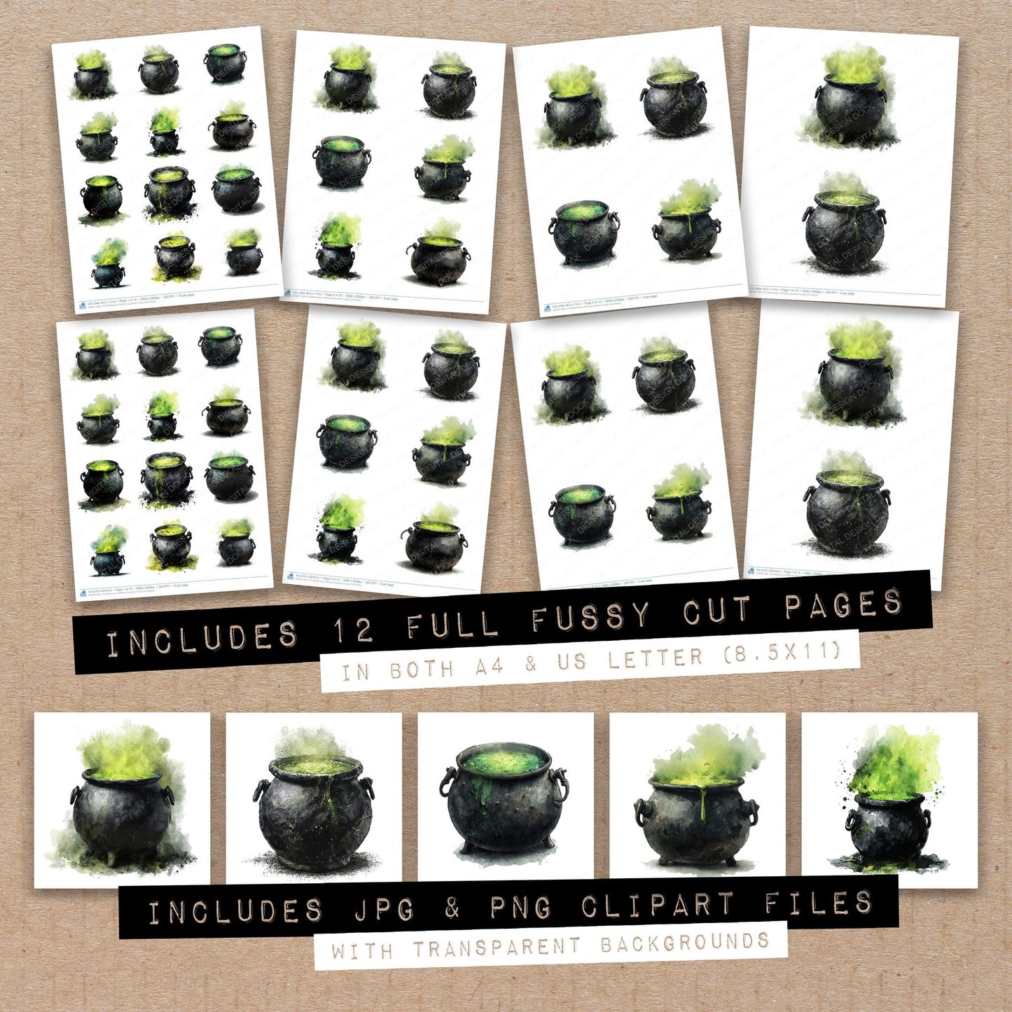 Full collection view of Watercolour Witches Cauldron fussy cut sheets with bonus clipart JPG and PNG files