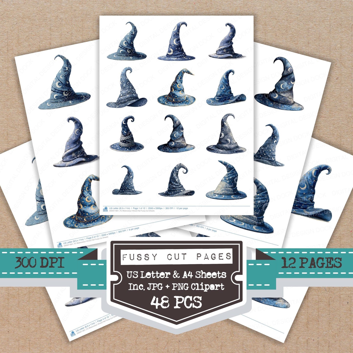 Watercolour Wizard Hat fussy cut printable sheets for junk journaling, scrapbooking, and paper craft projects