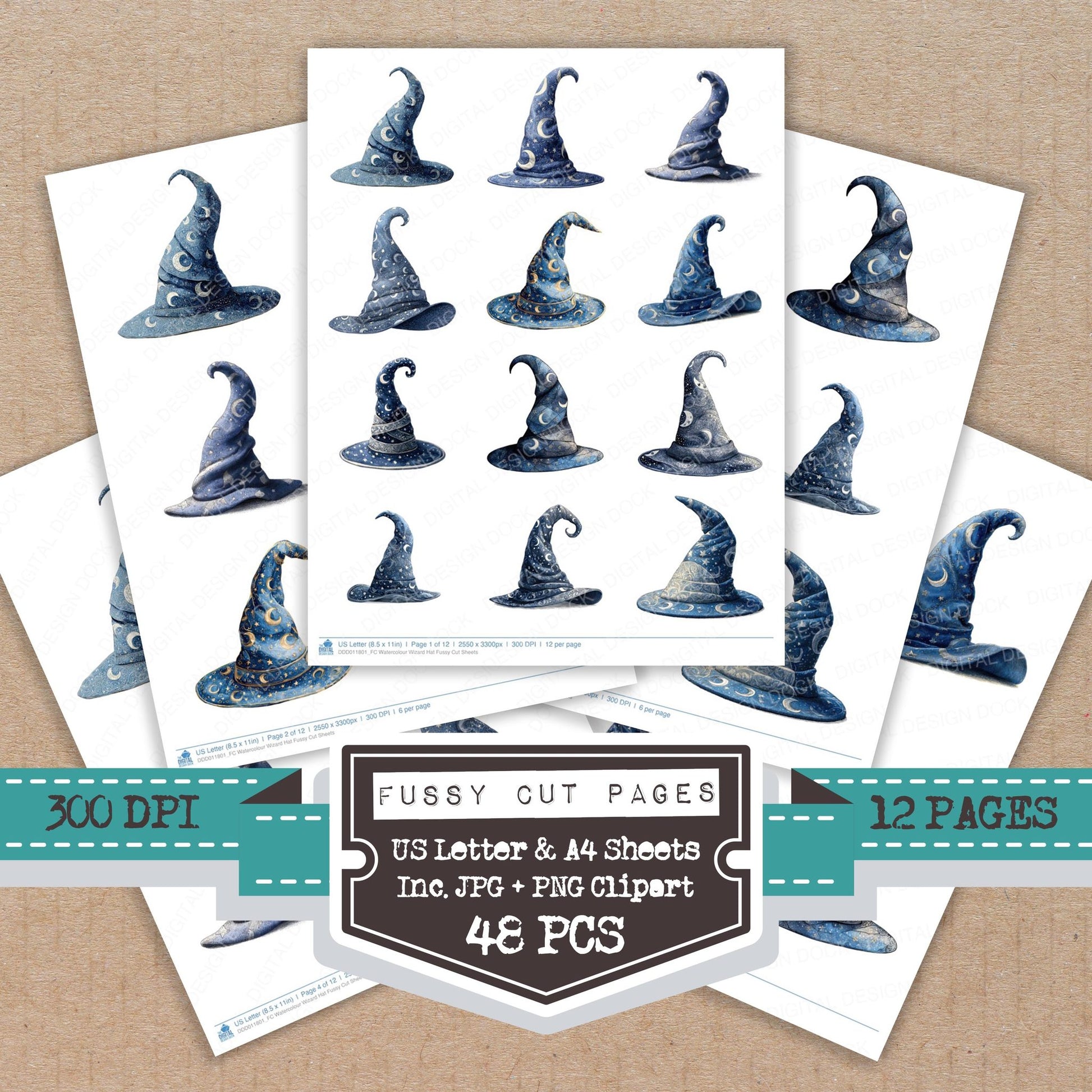Watercolour Wizard Hat fussy cut printable sheets for junk journaling, scrapbooking, and paper craft projects