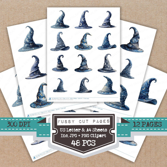 Watercolour Wizard Hat fussy cut printable sheets for junk journaling, scrapbooking, and paper craft projects