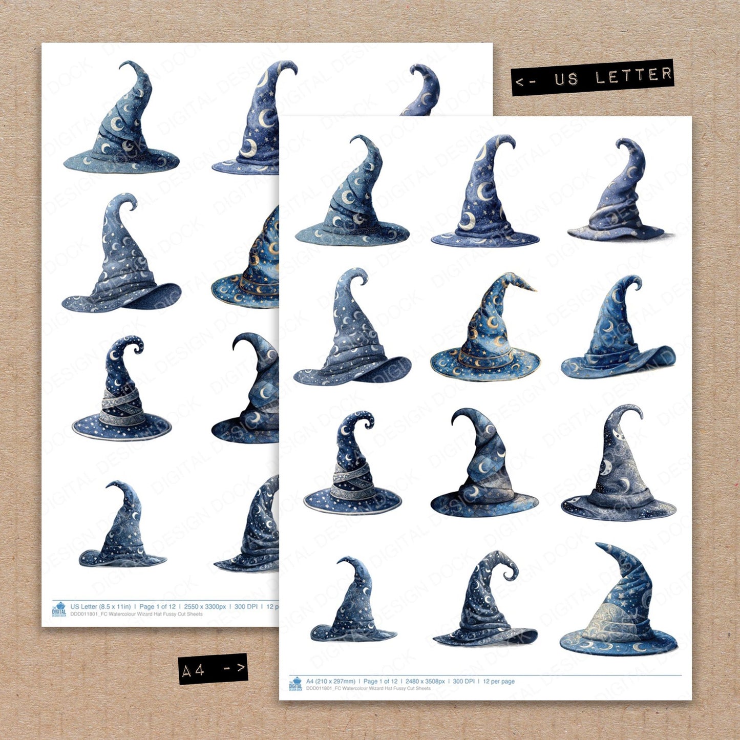 A4 and US Letter format comparison showing Watercolour Wizard Hat fussy cut pages for print and cut crafting