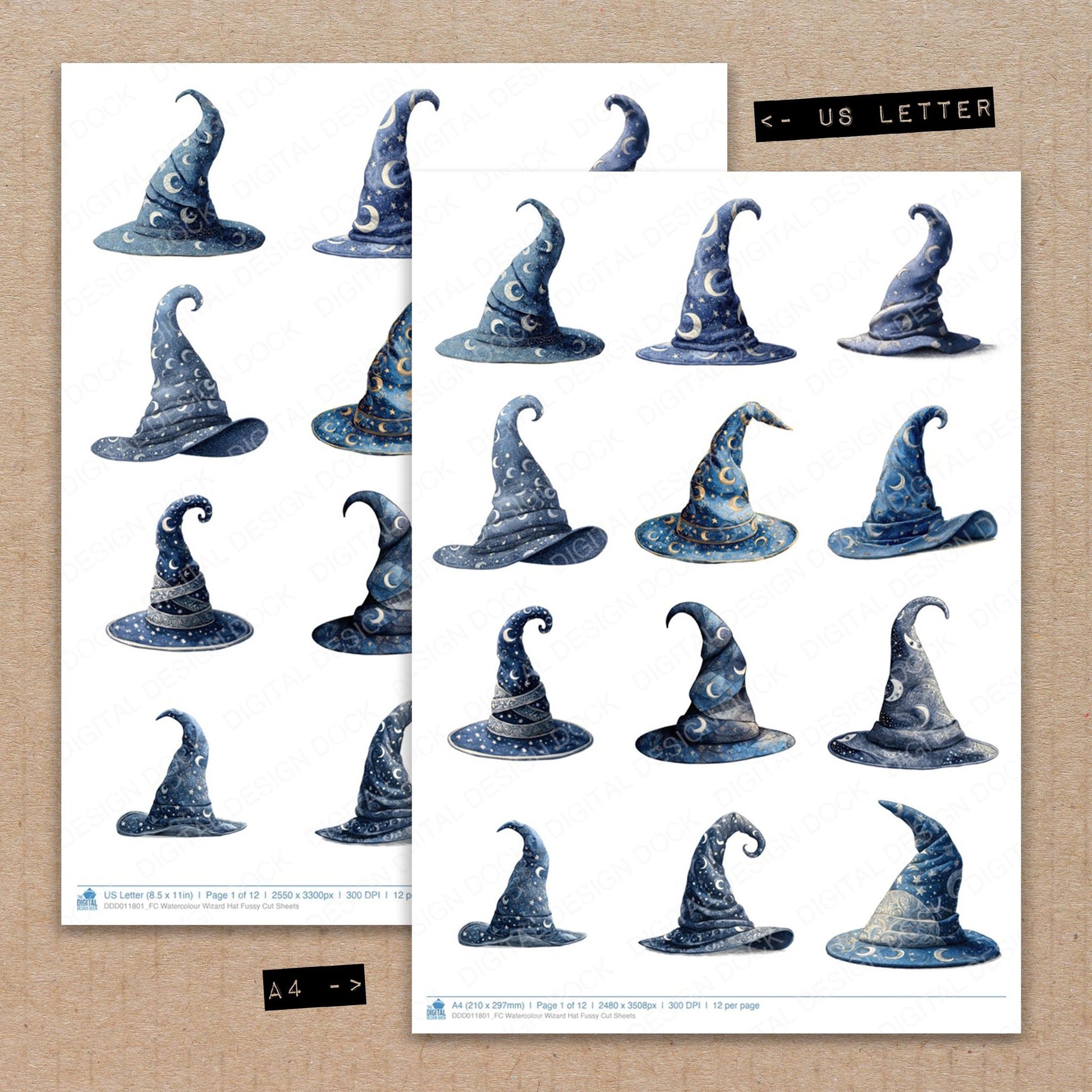 A4 and US Letter format comparison showing Watercolour Wizard Hat fussy cut pages for print and cut crafting