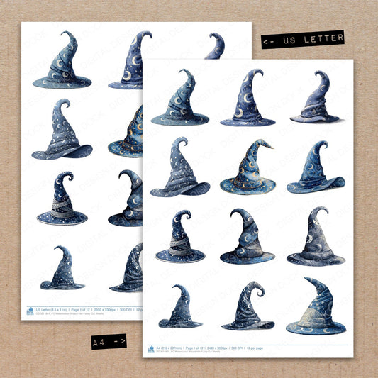 A4 and US Letter format comparison showing Watercolour Wizard Hat fussy cut pages for print and cut crafting