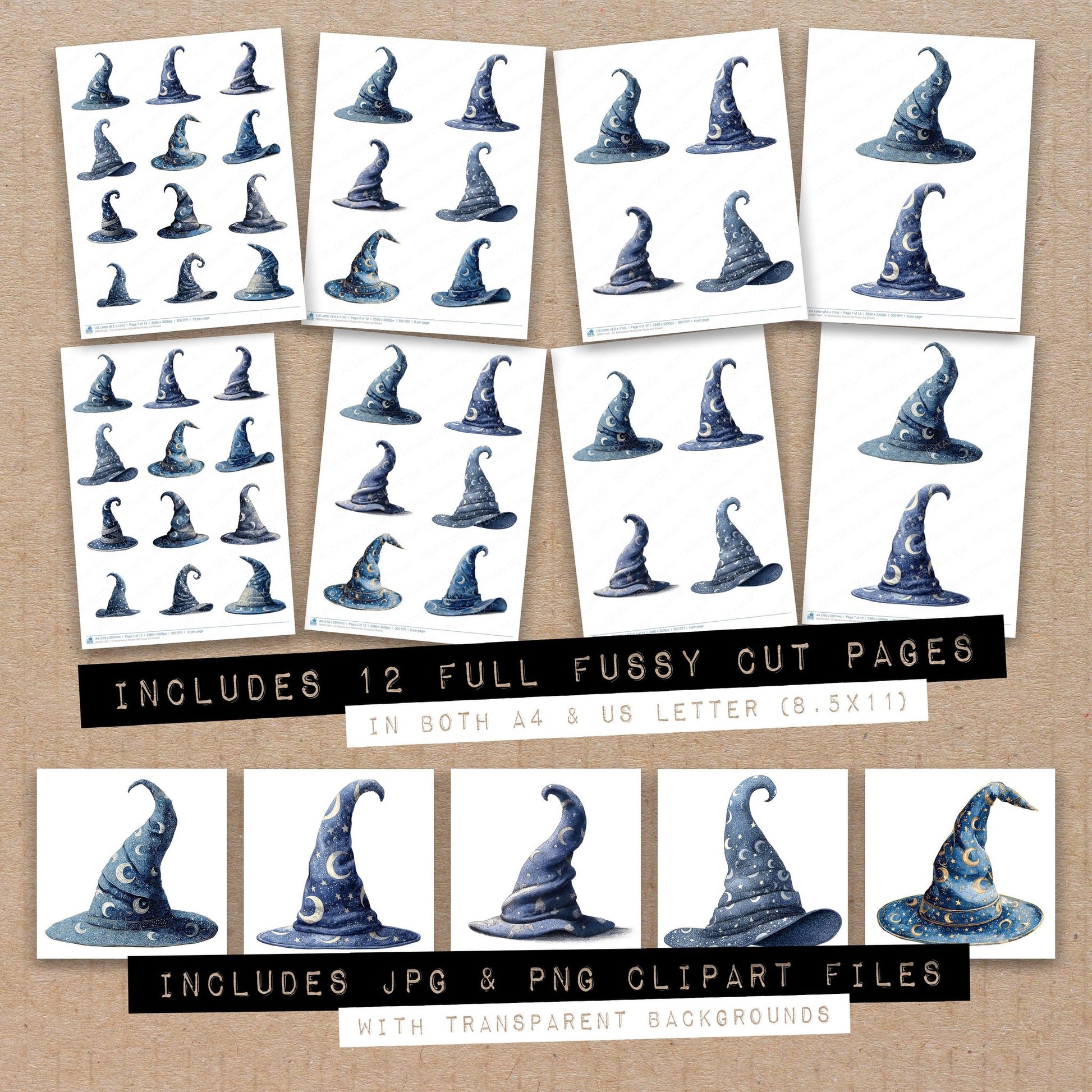 Full collection view of Watercolour Wizard Hat fussy cut sheets with bonus clipart JPG and PNG files
