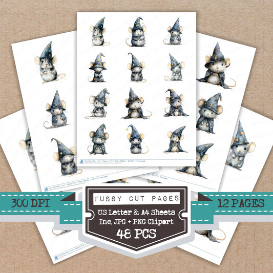 Watercolour Wizard Mouse fussy cut printable sheets for junk journaling, scrapbooking, and paper craft projects