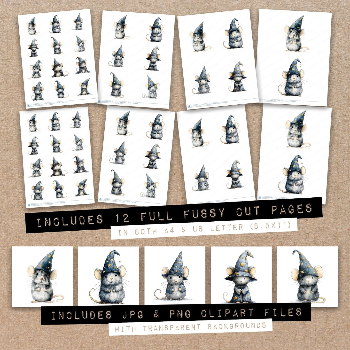 Full collection view of Watercolour Wizard Mouse fussy cut sheets with bonus clipart JPG and PNG files