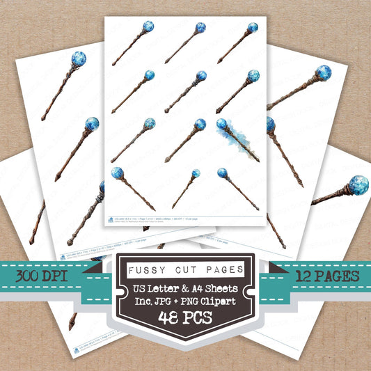 Watercolour Wizard Staff fussy cut printable sheets for junk journaling, scrapbooking, and paper craft projects