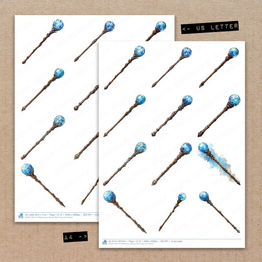 A4 and US Letter format comparison showing Watercolour Wizard Staff fussy cut pages for print and cut crafting