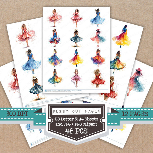 Watercolour Woman Colourful Dress fussy cut printable sheets for junk journaling, scrapbooking, and paper craft projects