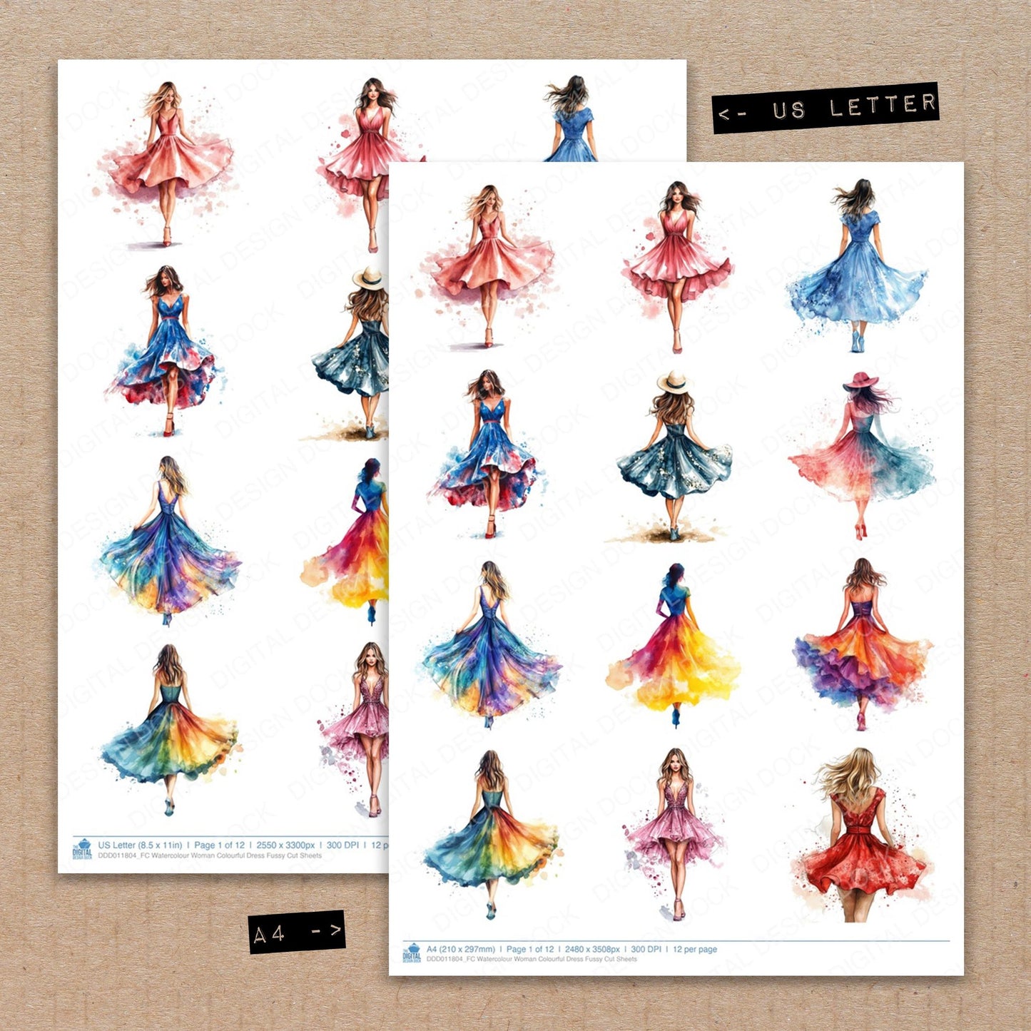 A4 and US Letter format comparison showing Watercolour Woman Colourful Dress fussy cut pages for print and cut crafting