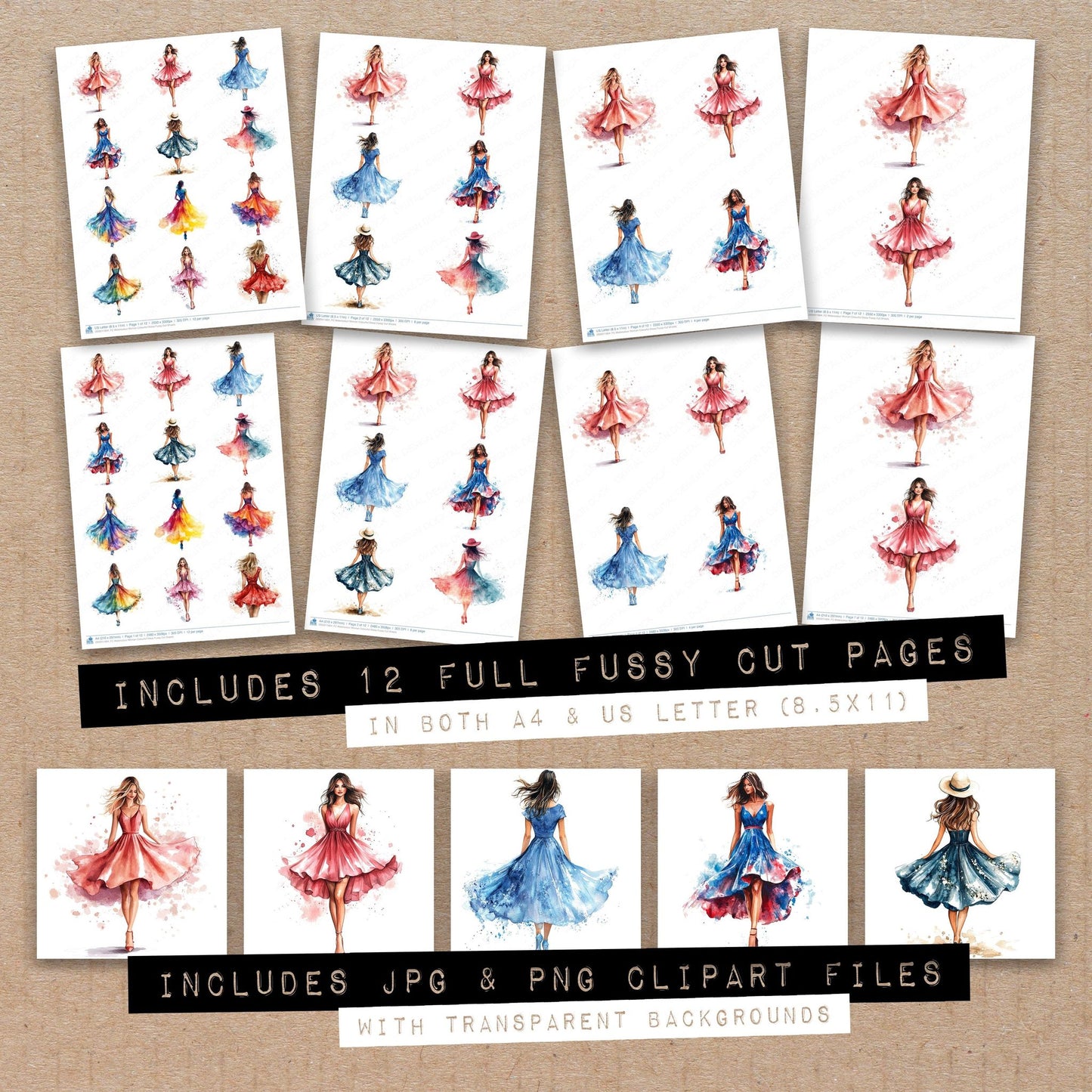 Full collection view of Watercolour Woman Colourful Dress fussy cut sheets with bonus clipart JPG and PNG files
