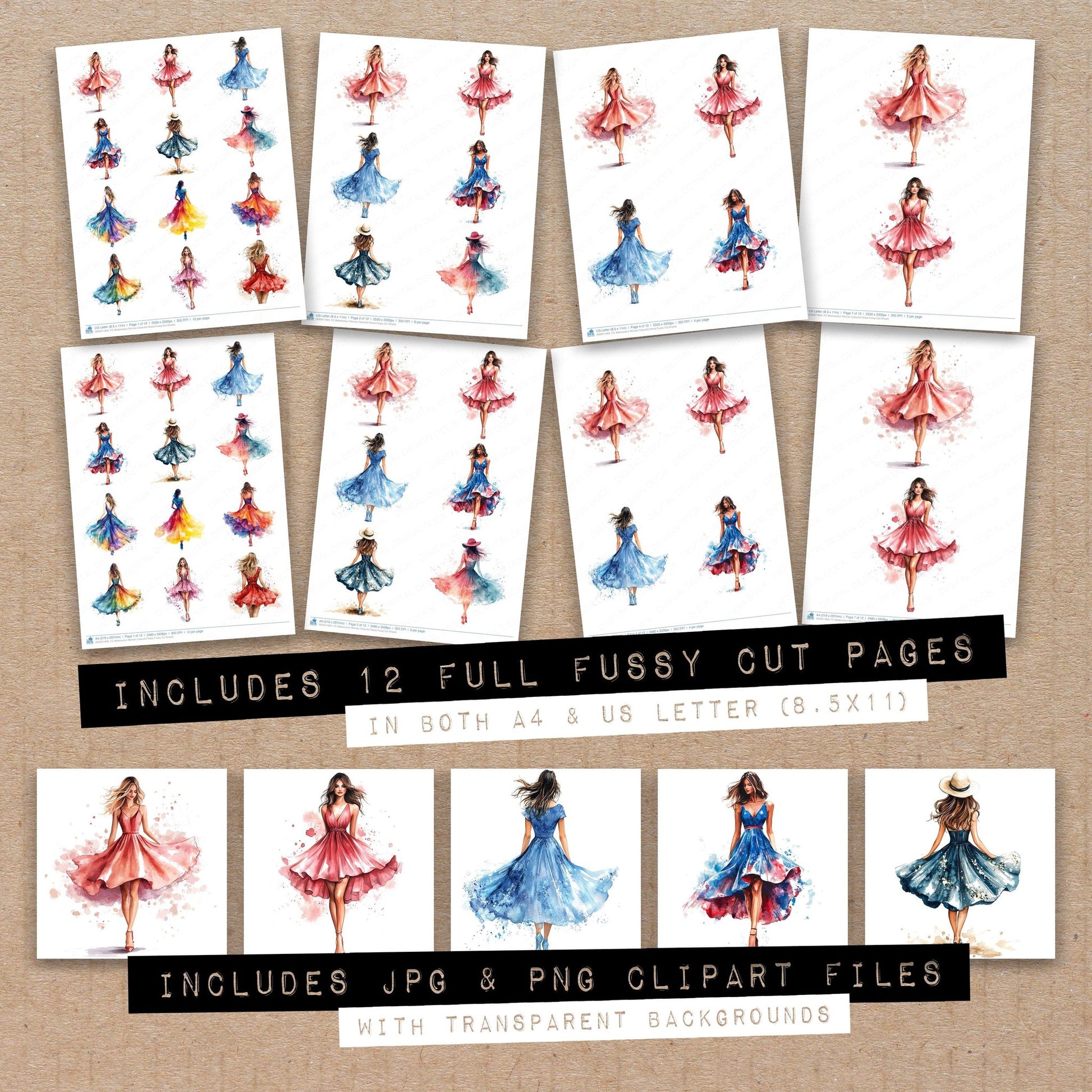 Full collection view of Watercolour Woman Colourful Dress fussy cut sheets with bonus clipart JPG and PNG files