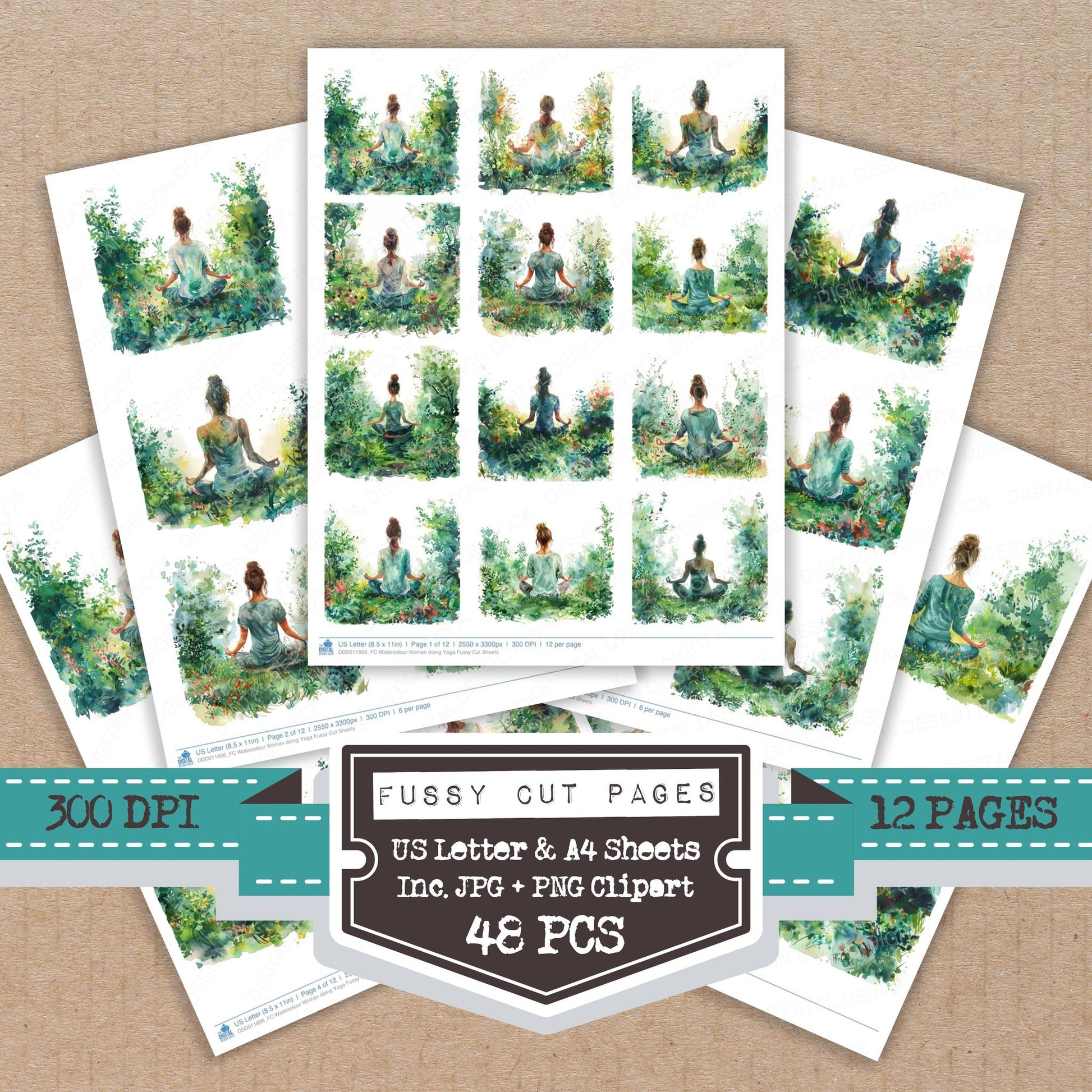 Watercolour Woman doing Yoga fussy cut printable sheets for junk journaling, scrapbooking, and paper craft projects