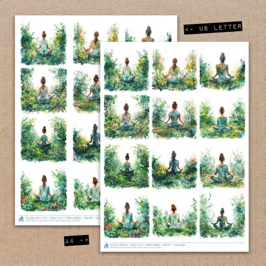 A4 and US Letter format comparison showing Watercolour Woman doing Yoga fussy cut pages for print and cut crafting