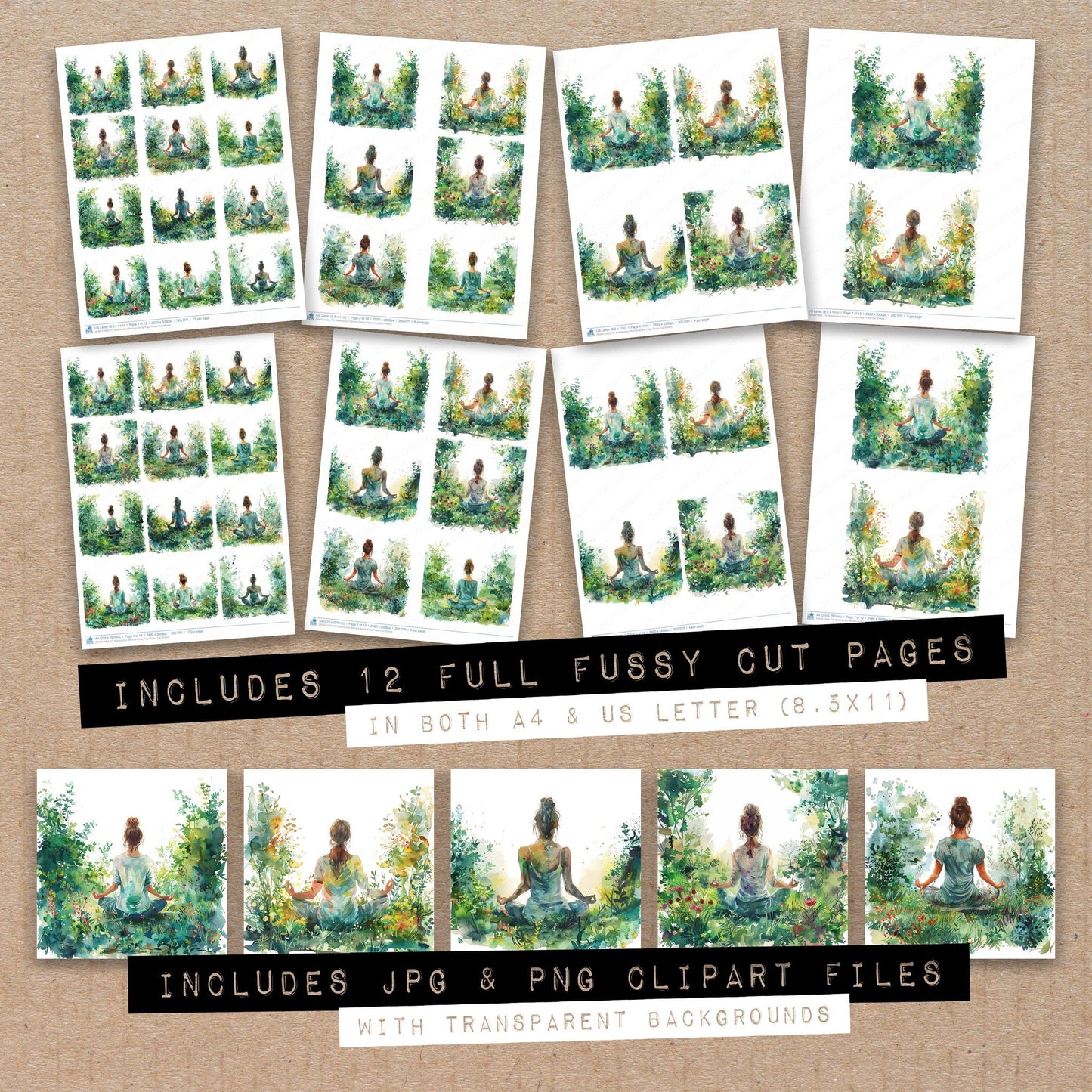 Full collection view of Watercolour Woman doing Yoga fussy cut sheets with bonus clipart JPG and PNG files