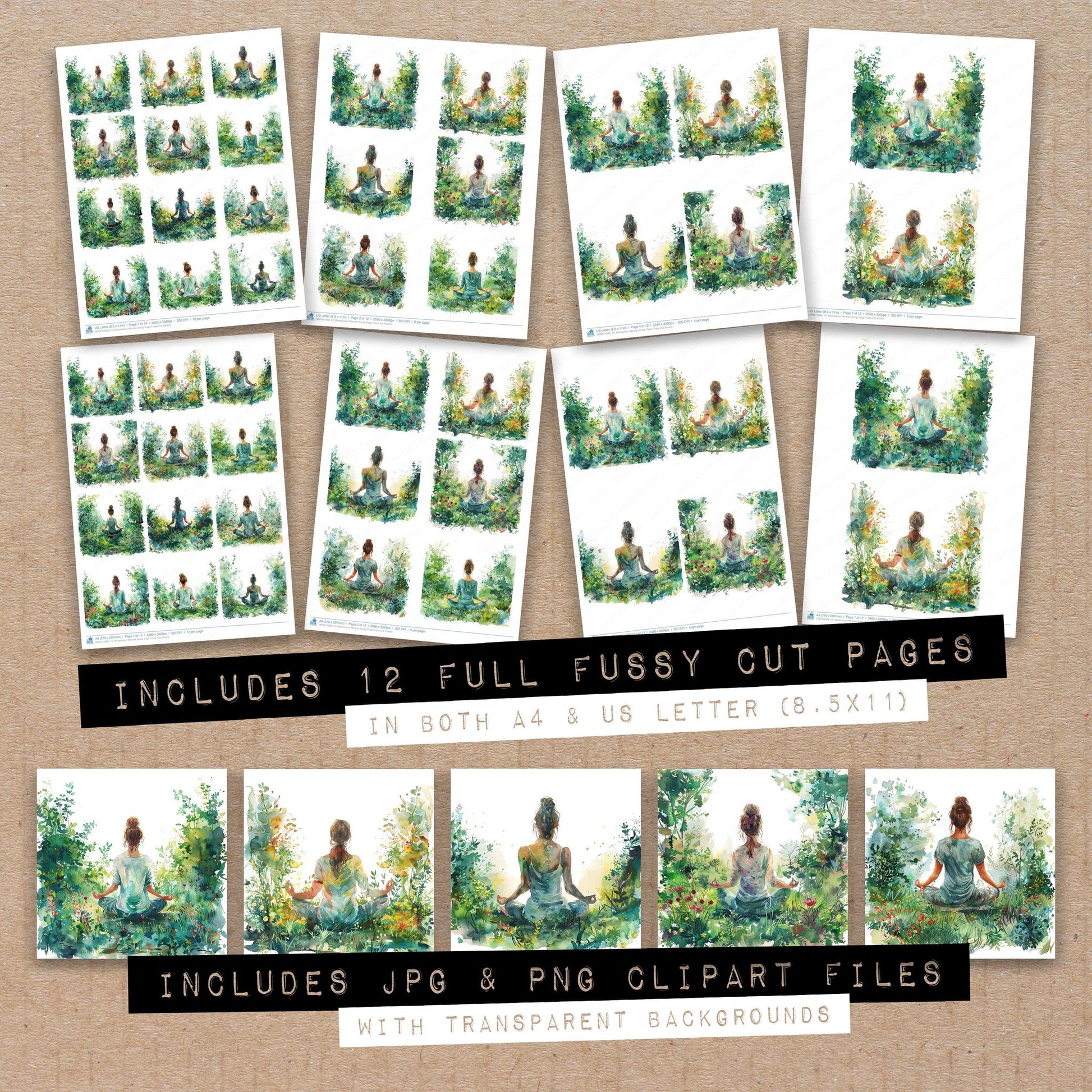 Full collection view of Watercolour Woman doing Yoga fussy cut sheets with bonus clipart JPG and PNG files