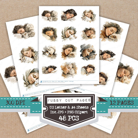 Watercolour Woman Sleeping with Cat fussy cut printable sheets for junk journaling, scrapbooking, and paper craft projects