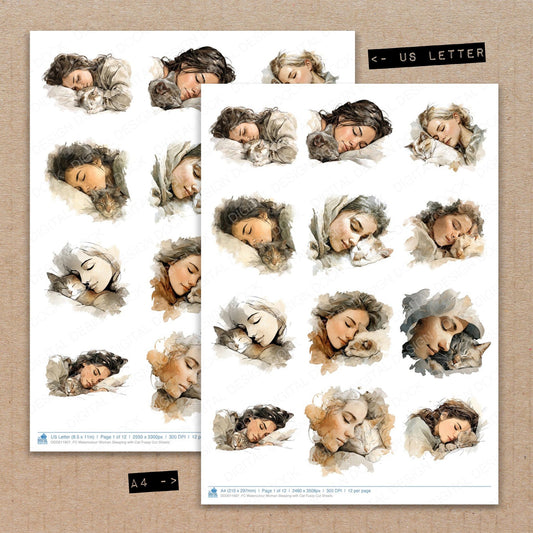 A4 and US Letter format comparison showing Watercolour Woman Sleeping with Cat fussy cut pages for print and cut crafting