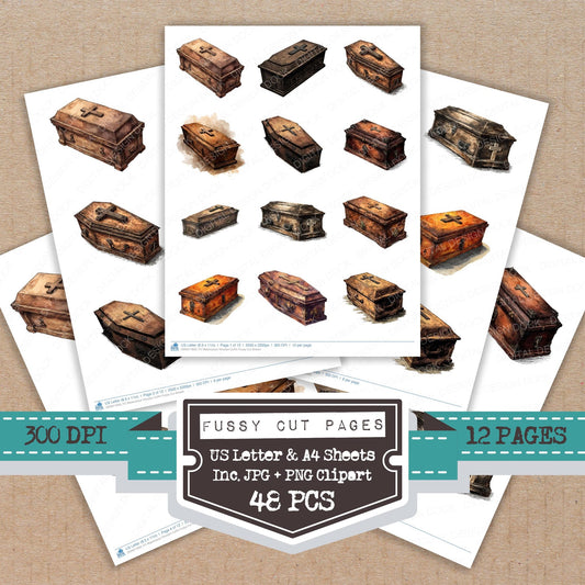 Watercolour Wooden Coffin fussy cut printable sheets for junk journaling, scrapbooking, and paper craft projects