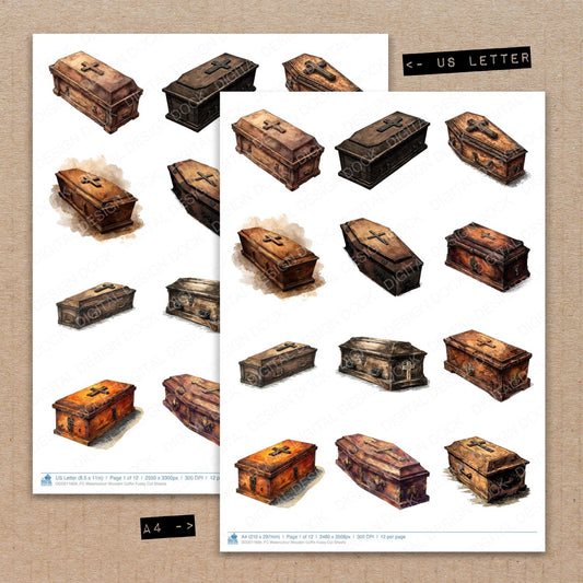 A4 and US Letter format comparison showing Watercolour Wooden Coffin fussy cut pages for print and cut crafting