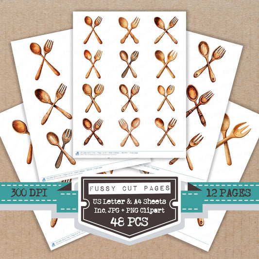 Watercolour Wooden Utensils fussy cut printable sheets for junk journaling, scrapbooking, and paper craft projects
