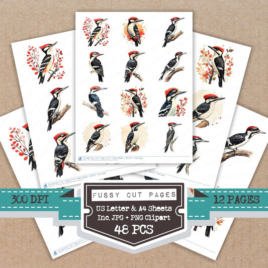 Watercolour Woodpecker fussy cut printable sheets for junk journaling, scrapbooking, and paper craft projects